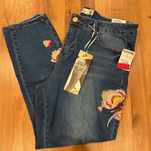 Royalty For Me Blue Skinny Jeans with Cream & Red Floral Embroidery